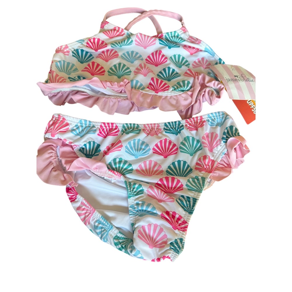 James & Lottie Girls Seashell Two Piece Swimsuit UPF 50 Pink Teal Ruffle Size 10